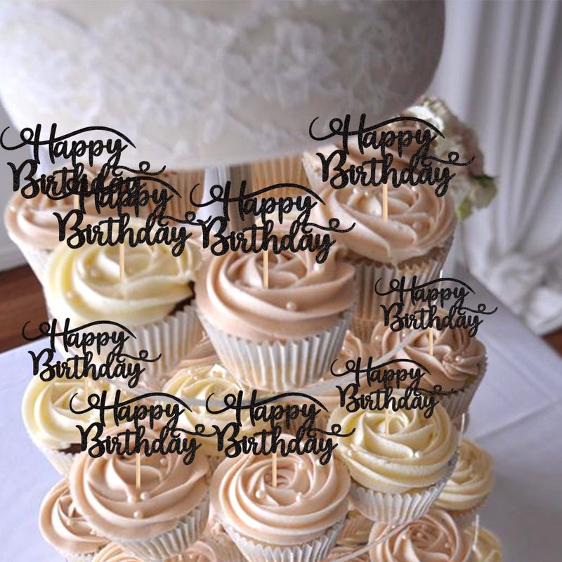 Rsstarxi 24 Pack Happy Birthday Cupcake Toppers Glitter Birthday Cupcake Food Picks for Celebrating Happy Birthday Party Cake Decorations Supplies Black - Image 4