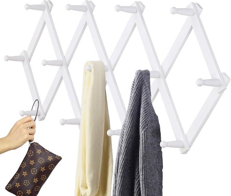 Dseap Accordian Wall Hanger: Wooden Coat Rack Wall Mounted, Hat Racks for Baseball Caps, Mug Rack, 13 Peg Hooks, White - Image 3
