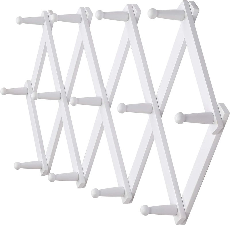 Dseap Accordian Wall Hanger: Wooden Coat Rack Wall Mounted, Hat Racks for Baseball Caps, Mug Rack, 13 Peg Hooks, White - Image 1