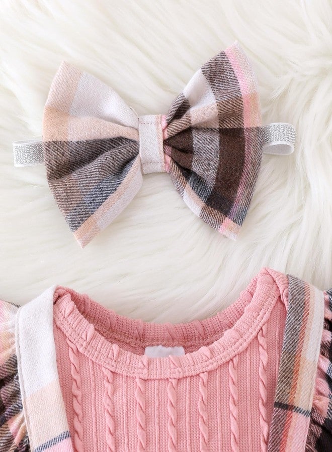 ODIMAME 3 Month Baby Girl Clothes Infant Ruffled Suspender Overalls + Newborn Long Sleeve Ribbed Romper Fall Winter Outfits + Bow Headband Pink Set - Image 4