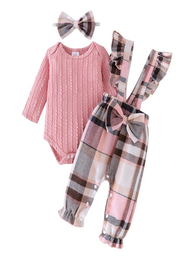 ODIMAME 3 Month Baby Girl Clothes Infant Ruffled Suspender Overalls + Newborn Long Sleeve Ribbed Romper Fall Winter Outfits + Bow Headband Pink Set - Image 1