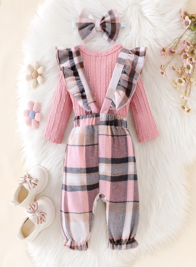ODIMAME 3 Month Baby Girl Clothes Infant Ruffled Suspender Overalls + Newborn Long Sleeve Ribbed Romper Fall Winter Outfits + Bow Headband Pink Set - Image 3
