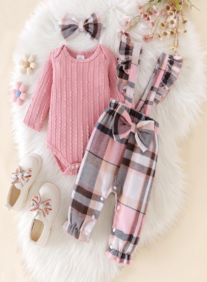 ODIMAME 3 Month Baby Girl Clothes Infant Ruffled Suspender Overalls + Newborn Long Sleeve Ribbed Romper Fall Winter Outfits + Bow Headband Pink Set - Image 2