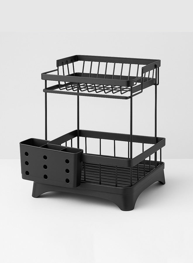 Double Dish Drying Rack with Drainboard, Utensil and Cup Holders – Elegant Black Rustproof Design with Smart Water Drainage System for Kitchen - Image 1