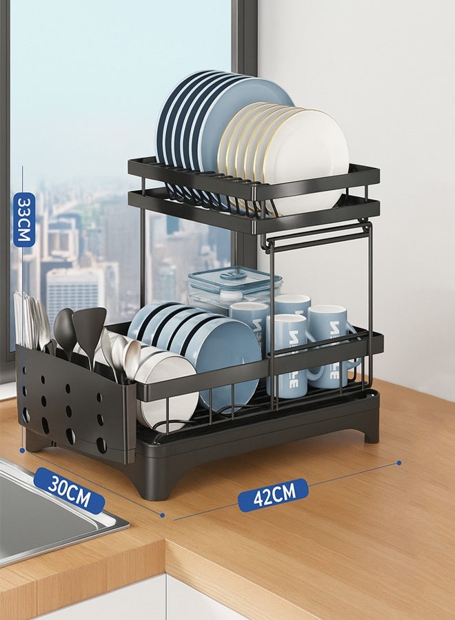 Double Dish Drying Rack with Drainboard, Utensil and Cup Holders – Elegant Black Rustproof Design with Smart Water Drainage System for Kitchen - Image 3