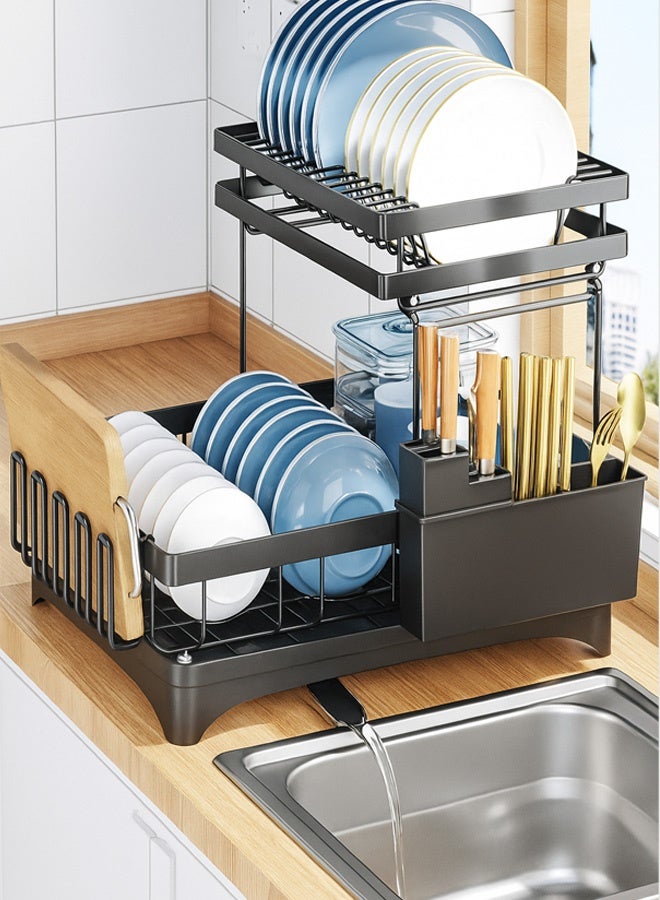 Double Dish Drying Rack with Drainboard, Utensil and Cup Holders – Elegant Black Rustproof Design with Smart Water Drainage System for Kitchen - Image 4