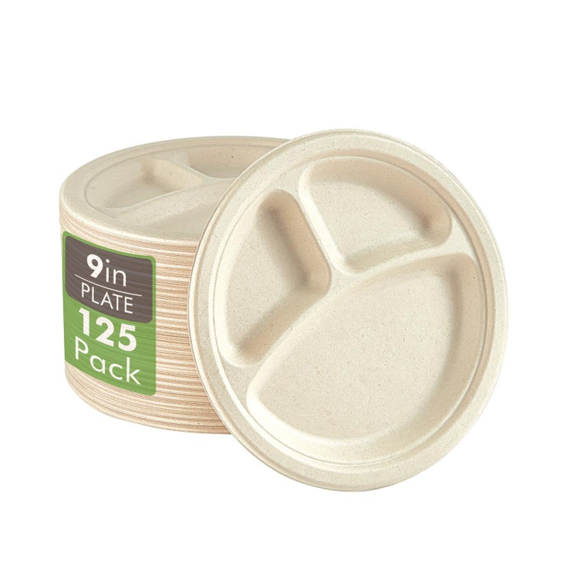 Vplus 100 Compostable Paper Plates 125 Pack 9 Inch 3 Compartment Plates Disposable Heavy Duty Biodegradable Plates Made of Sugar Cane Fibers for Daily meals Dinner Parties BBQ
