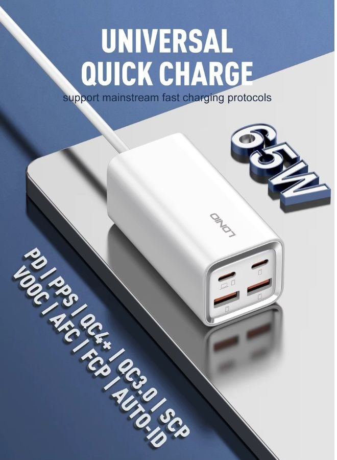 LDNIO وصلة طاقة لسطح المكتب وشاحن USB C بقدرة 65 وات مع منافذ 2USB-C و2USB-A للشحن السريع لشريط الطاقة لسطح المكتب لأجهزة الكمبيوتر المحمول/Macbook/Ipad/الكاميرا/الهاتف الخلوي كابل 1.5 متر  - Image 1