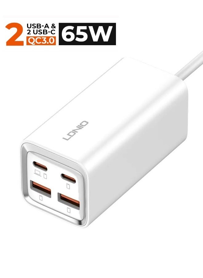 وصلة طاقة لسطح المكتب وشاحن USB C بقدرة 65 وات مع منافذ 2USB-C و2USB-A للشحن السريع لشريط الطاقة لسطح المكتب لأجهزة الكمبيوتر المحمول/Macbook/Ipad/الكاميرا/الهاتف الخلوي كابل 1.5 متر 