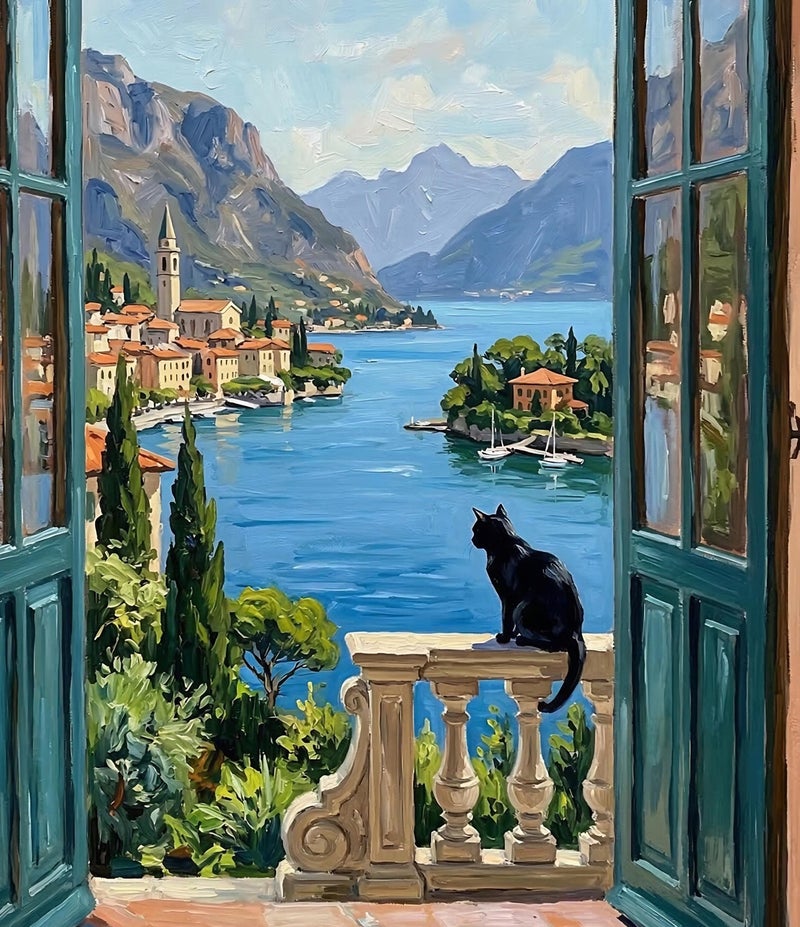 TNESSENTIAL Open Window Black Cat Print – Lake Como Italy Poster, Mediterranean Coastal Decor, Impressionist Landscape Art, Cat Lover Travel Gift - Image 2