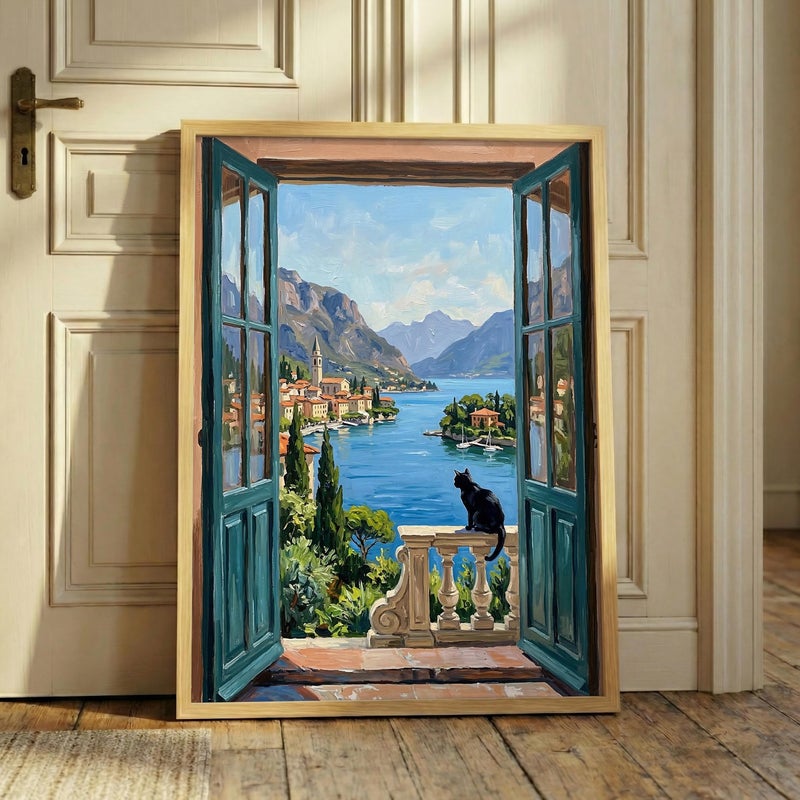 TNESSENTIAL Open Window Black Cat Print – Lake Como Italy Poster, Mediterranean Coastal Decor, Impressionist Landscape Art, Cat Lover Travel Gift - Image 1