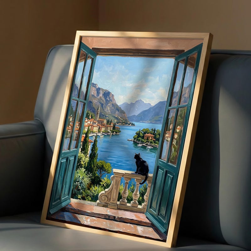 TNESSENTIAL Open Window Black Cat Print – Lake Como Italy Poster, Mediterranean Coastal Decor, Impressionist Landscape Art, Cat Lover Travel Gift - Image 4