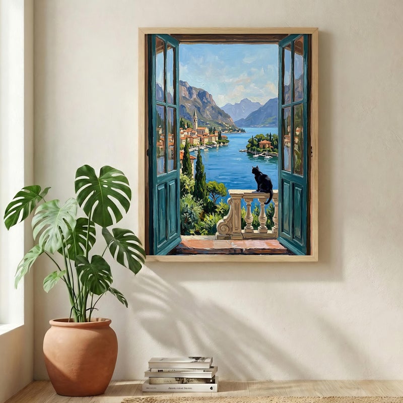 TNESSENTIAL Open Window Black Cat Print – Lake Como Italy Poster, Mediterranean Coastal Decor, Impressionist Landscape Art, Cat Lover Travel Gift - Image 5