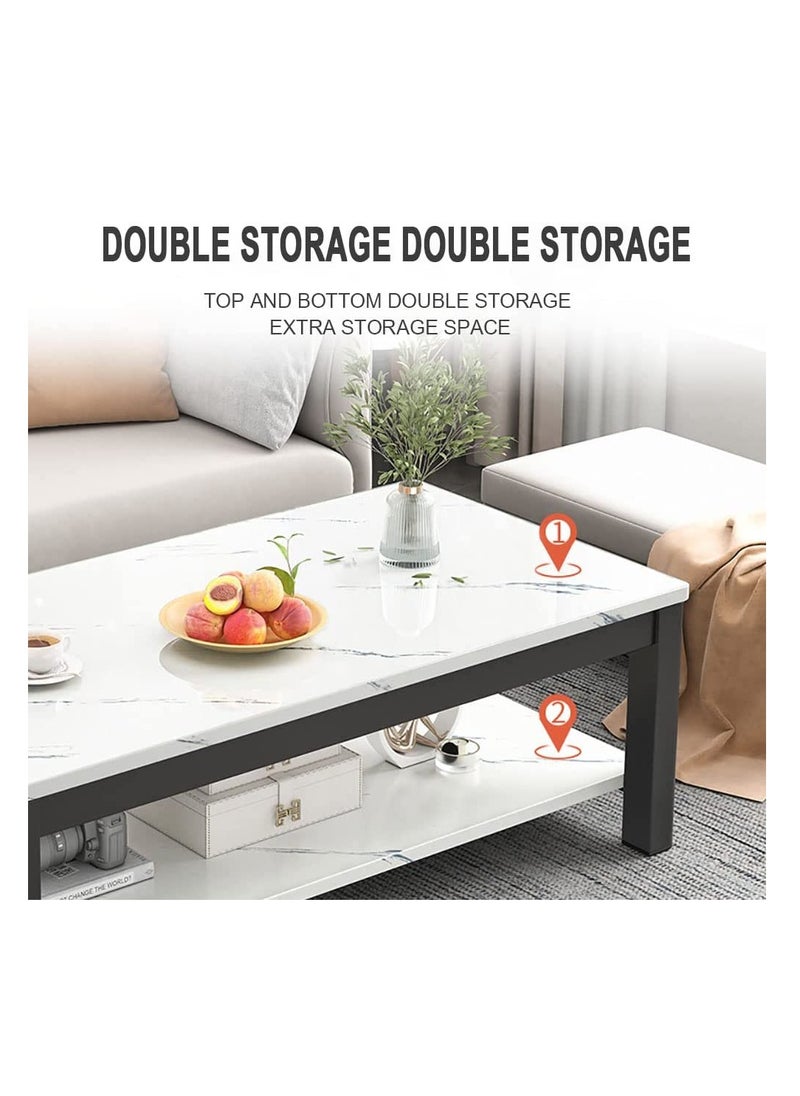 Simple Coffee Table, 2 Tier Sofa Side Table, Rectangle Small Tea Table, Modern Marble Veneer Tabletop with Thick Steel Frame and Open Storage Shelf