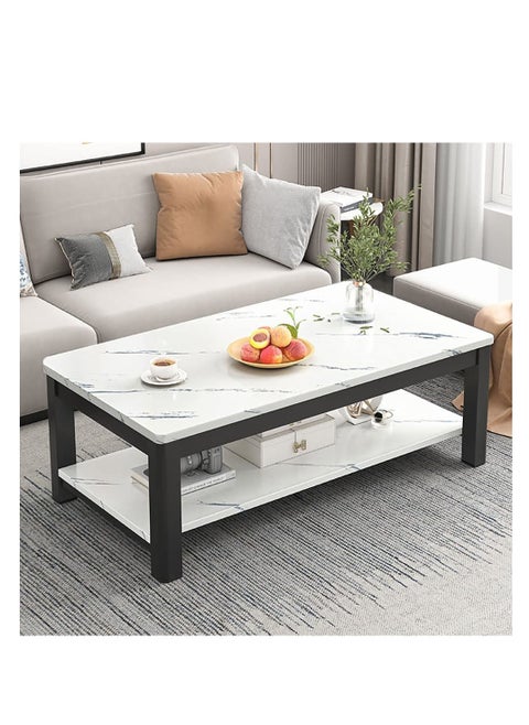 Simple Coffee Table, 2 Tier Sofa Side Table, Rectangle Small Tea Table, Modern Marble Veneer Tabletop with Thick Steel Frame and Open Storage Shelf