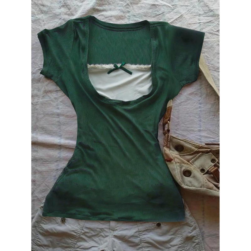RICHTRUE Grunge Emo Goth Shirts Y2k Lace Bow Coquette Babydoll Tops Women Vintage Graphic Tees 2000s Summer Crop Tops (Small,Dark Green Lace) - Image 3