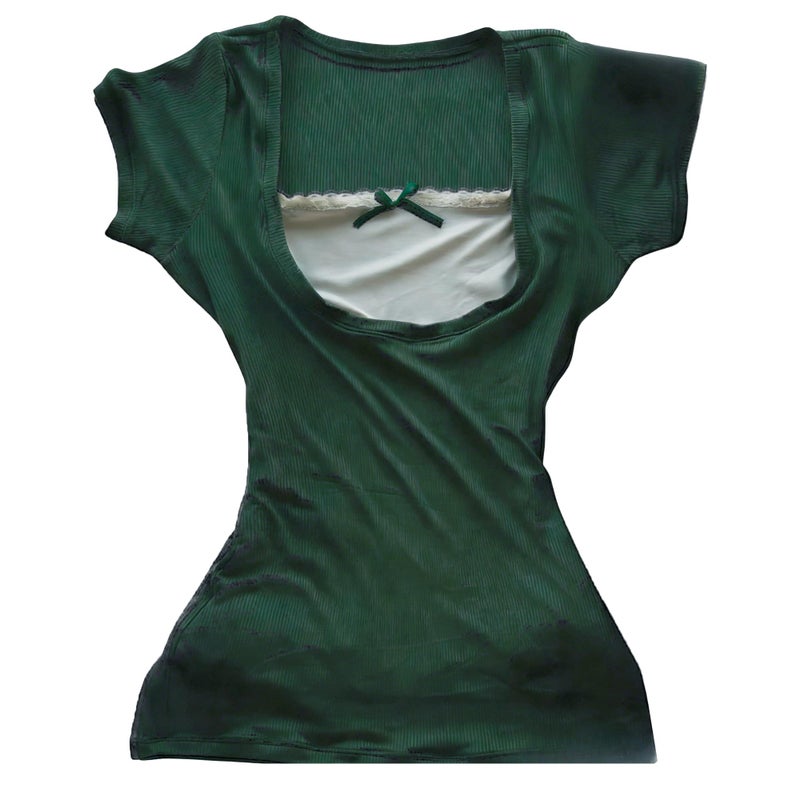 RICHTRUE Grunge Emo Goth Shirts Y2k Lace Bow Coquette Babydoll Tops Women Vintage Graphic Tees 2000s Summer Crop Tops (Small,Dark Green Lace) - Image 1