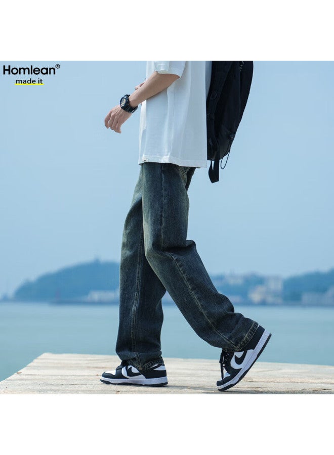 Homlean Simple Retro Jeans For Men, Spring And Summer Versatile Washed American-style Loose Straight-leg Trousers, K3306 Navy Blue, Size L - Image 2