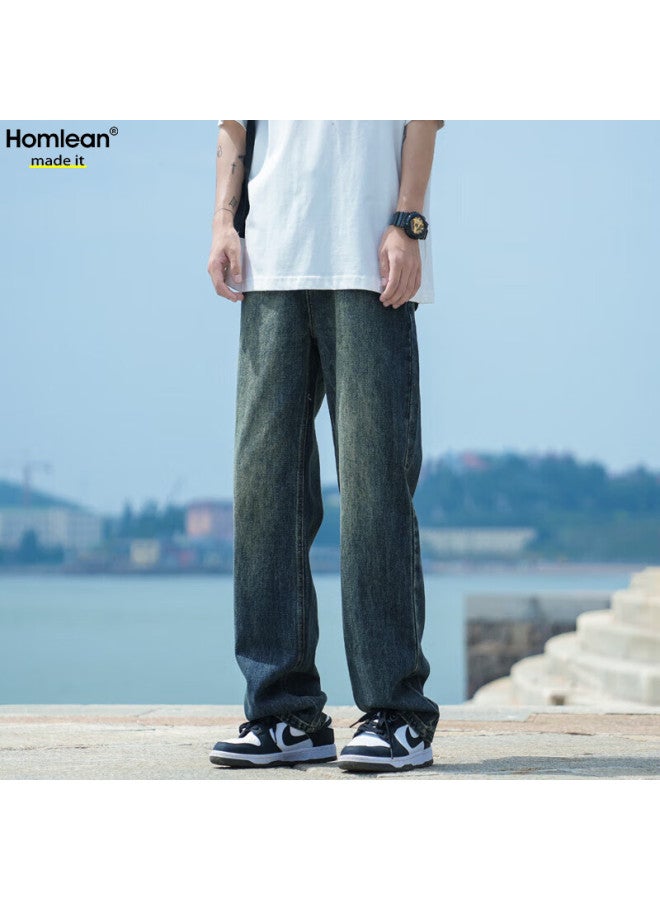 Homlean Simple Retro Jeans For Men, Spring And Summer Versatile Washed American-style Loose Straight-leg Trousers, K3306 Navy Blue, Size L - Image 5