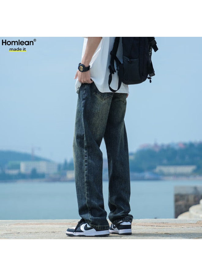 Homlean Simple Retro Jeans For Men, Spring And Summer Versatile Washed American-style Loose Straight-leg Trousers, K3306 Navy Blue, Size L - Image 3