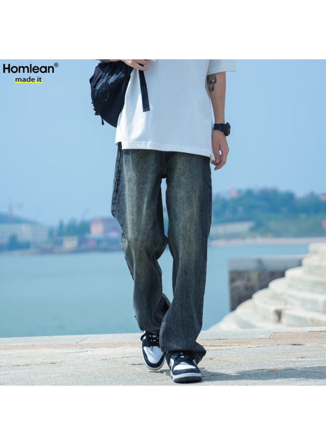 Homlean Simple Retro Jeans For Men, Spring And Summer Versatile Washed American-style Loose Straight-leg Trousers, K3306 Navy Blue, Size L - Image 1