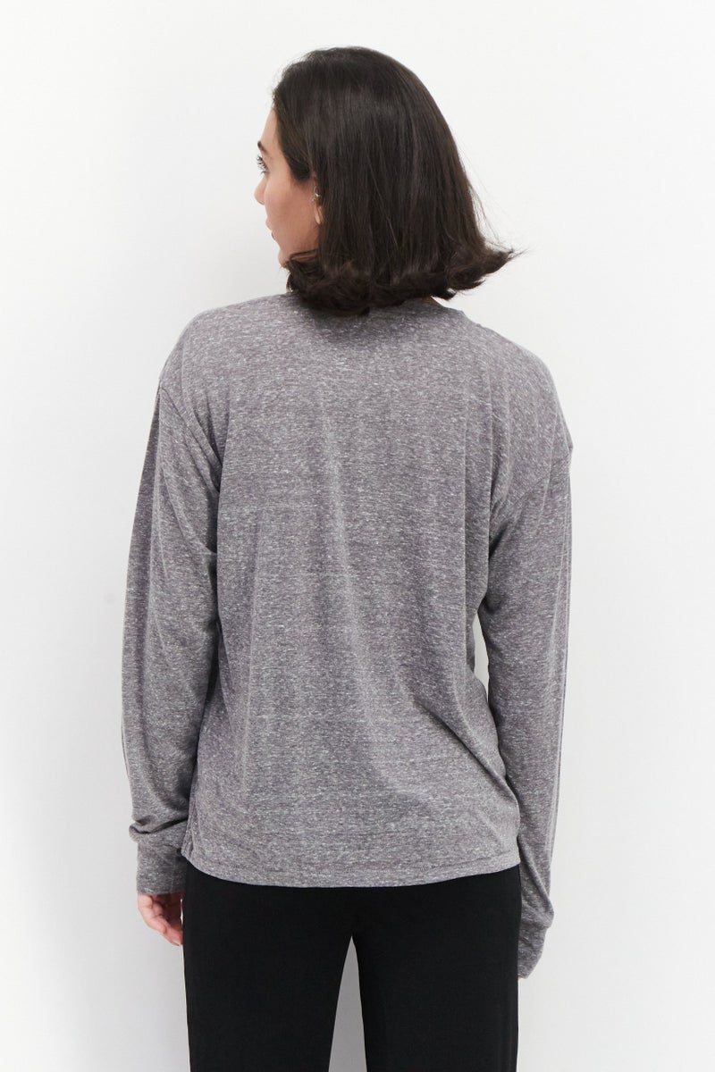 NIA Women V-Neck Long Sleeve Heather T-Shirt, Grey - Image 4