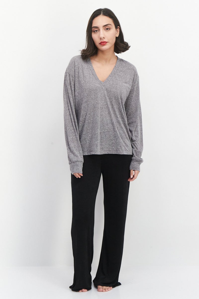 NIA Women V-Neck Long Sleeve Heather T-Shirt, Grey - Image 2