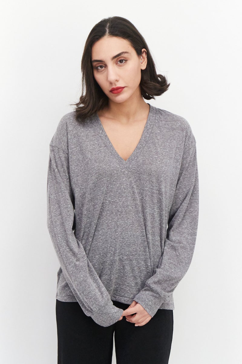 NIA Women V-Neck Long Sleeve Heather T-Shirt, Grey - Image 1