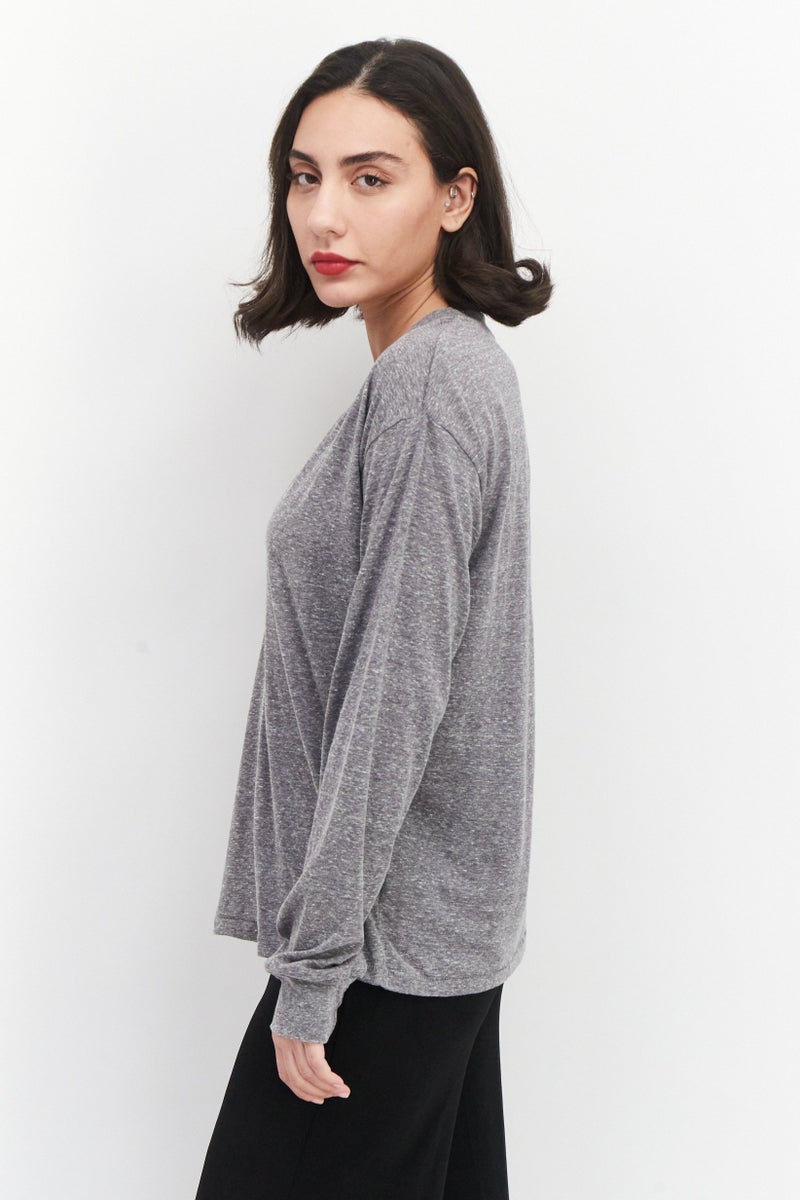 NIA Women V-Neck Long Sleeve Heather T-Shirt, Grey - Image 3