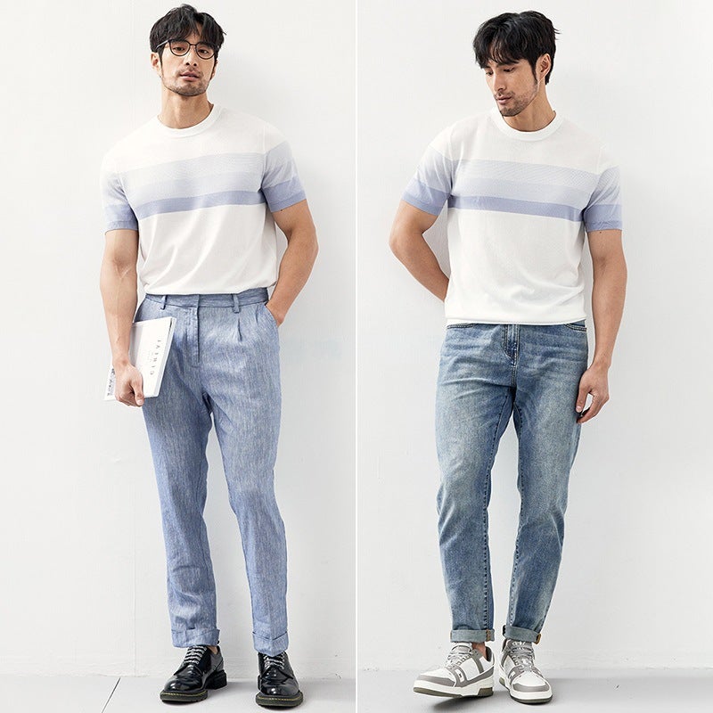 Ice Silk Short-sleeved T-shirt Men's Striped Summer Loose All-match ins Fashionable Half-sleeved T-shirt Trendy Brand - Image 5