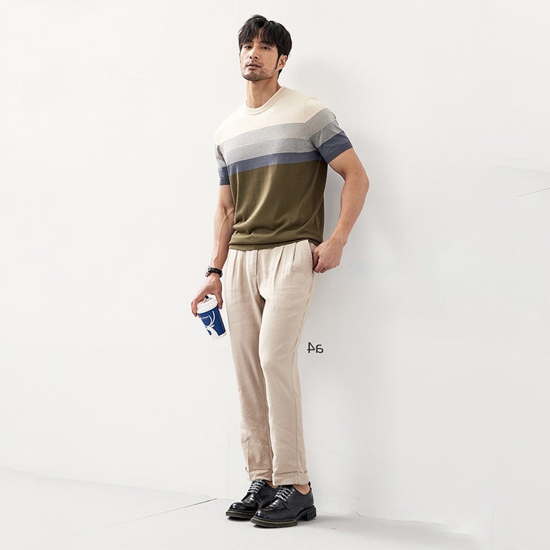 Ice Silk Short-sleeved T-shirt Men's Striped Summer Loose All-match ins Fashionable Half-sleeved T-shirt Trendy Brand - Image 4