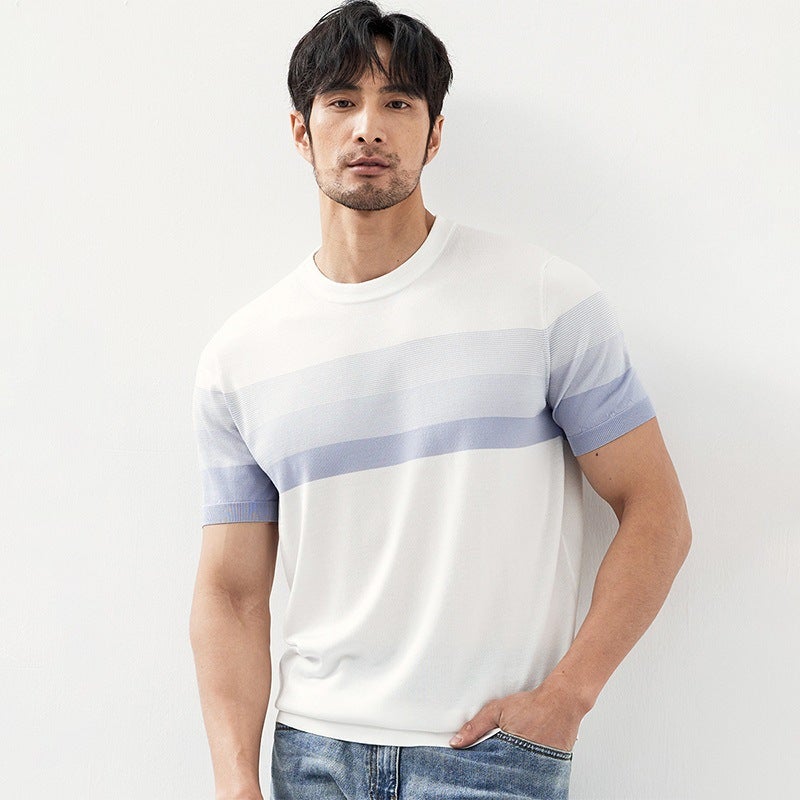 Ice Silk Short-sleeved T-shirt Men's Striped Summer Loose All-match ins Fashionable Half-sleeved T-shirt Trendy Brand - Image 2