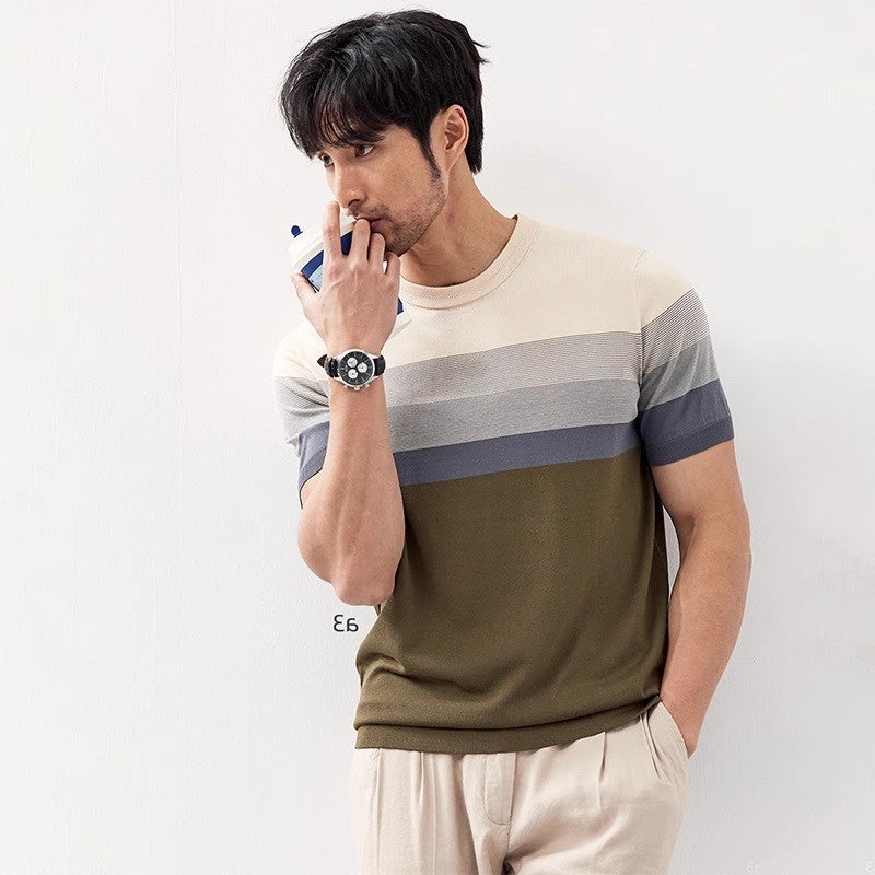 Ice Silk Short-sleeved T-shirt Men's Striped Summer Loose All-match ins Fashionable Half-sleeved T-shirt Trendy Brand - Image 3