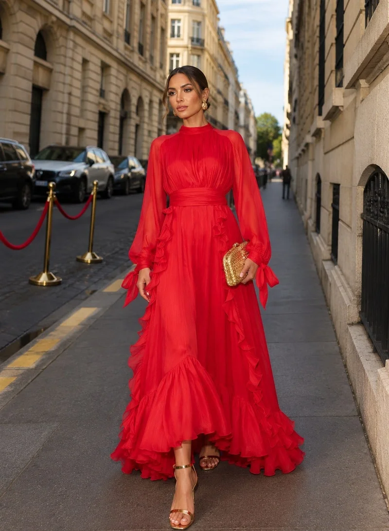 Ginger Boutique Mockneck Gather Frill Detail A Line Dress