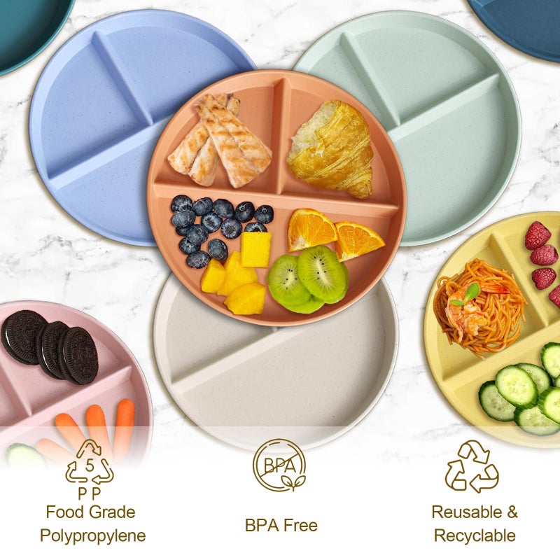 CrazyTerra Divided Plates for Adults (8 Packs), Unbreakable Portion Control Plate Sectioned with Dividers, 9 Inch Plastic Food Separator Dinner Plates Lightweight Compartment BPA Free Reusable Microwave Safe - Image 4