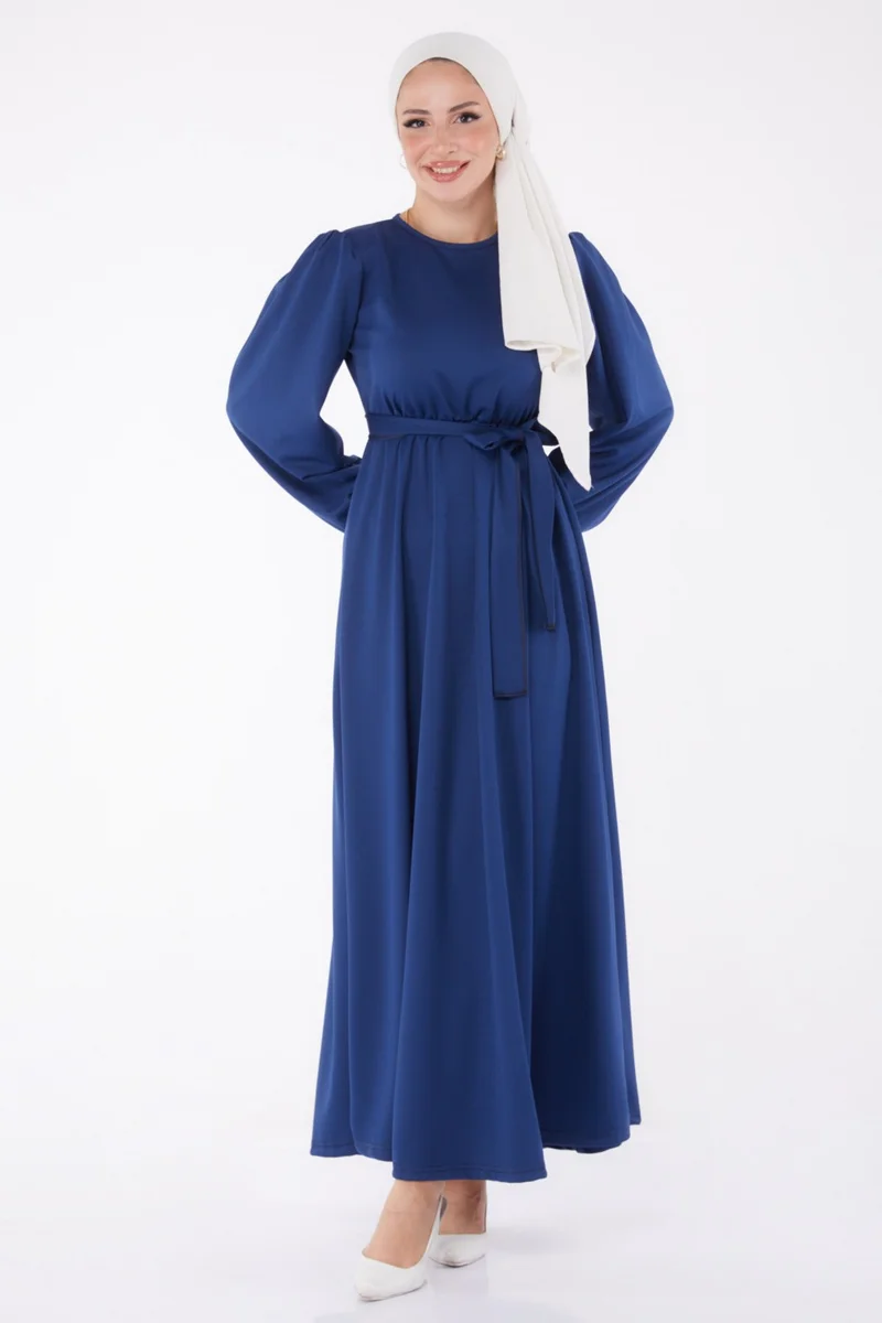 Tofisa Plain Crew Neck Women's Navy Blue Pleated Dress - 13246