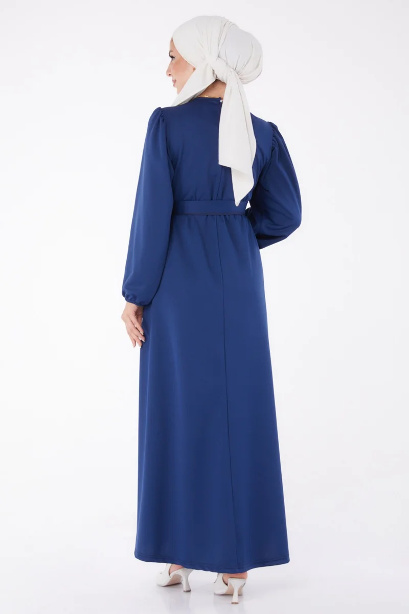 Tofisa Plain Crew Neck Women's Navy Blue Pleated Dress - 13246