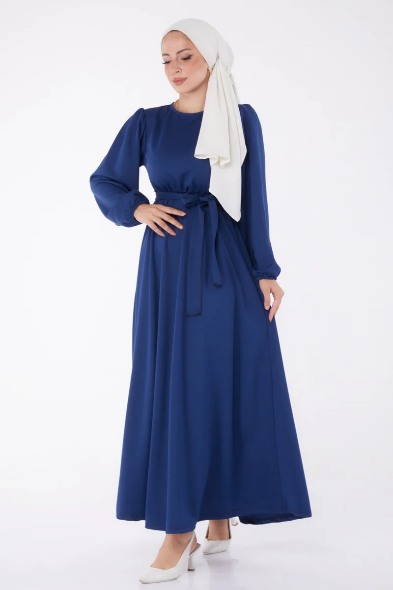 Tofisa Plain Crew Neck Women's Navy Blue Pleated Dress - 13246