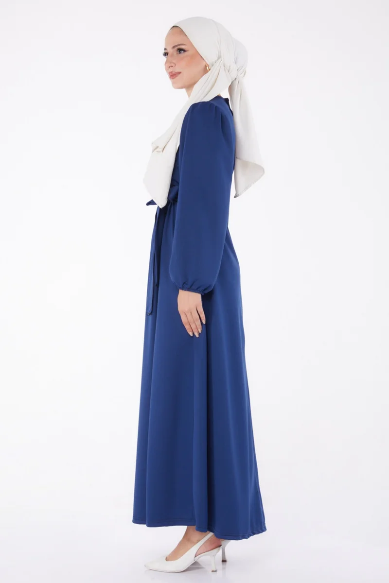 Tofisa Plain Crew Neck Women's Navy Blue Pleated Dress - 13246