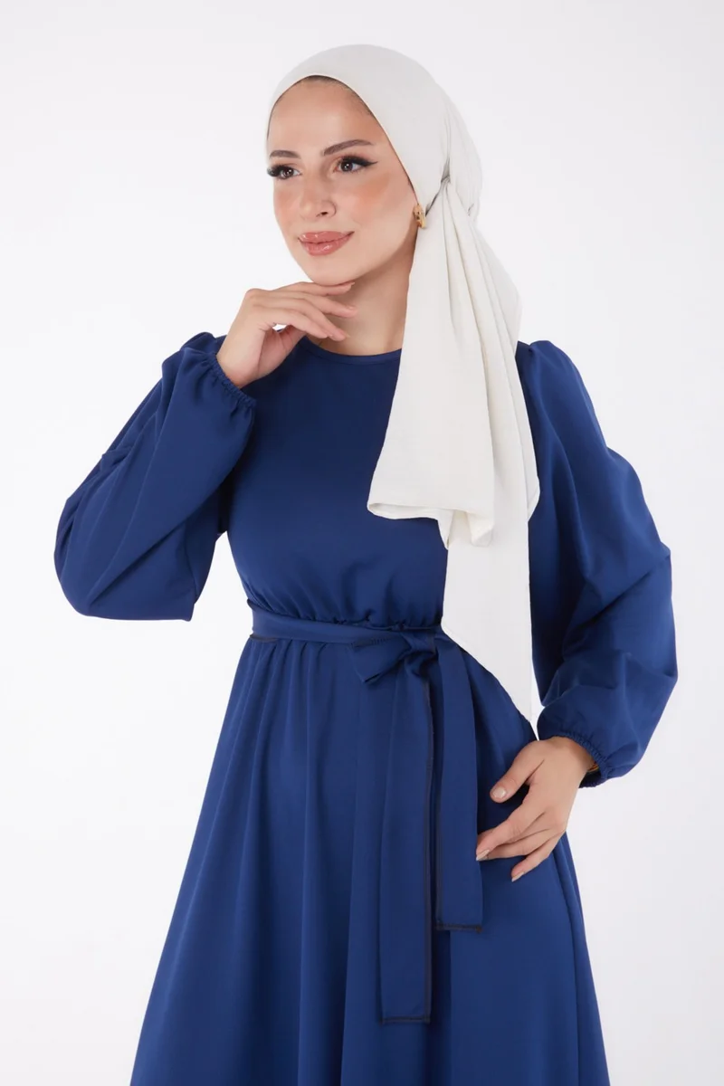 Tofisa Plain Crew Neck Women's Navy Blue Pleated Dress - 13246