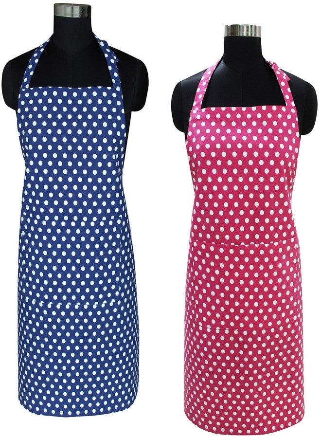 AIRWILL Cotton Polka Dot Printed Free Size Apron with Center Pocket, Adjustable Buckle on Top and Long Straps (Blue,Pink, Pack of 2) - Image 1