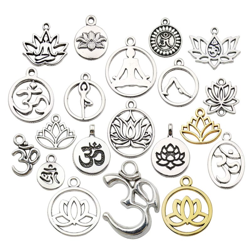 100g80pcs Craft Supplies Antique Silver Yoga OM Lotus Flower Charms for Jewelry Making Crafting Findings Accessory for DIY Necklace Bracelet M294