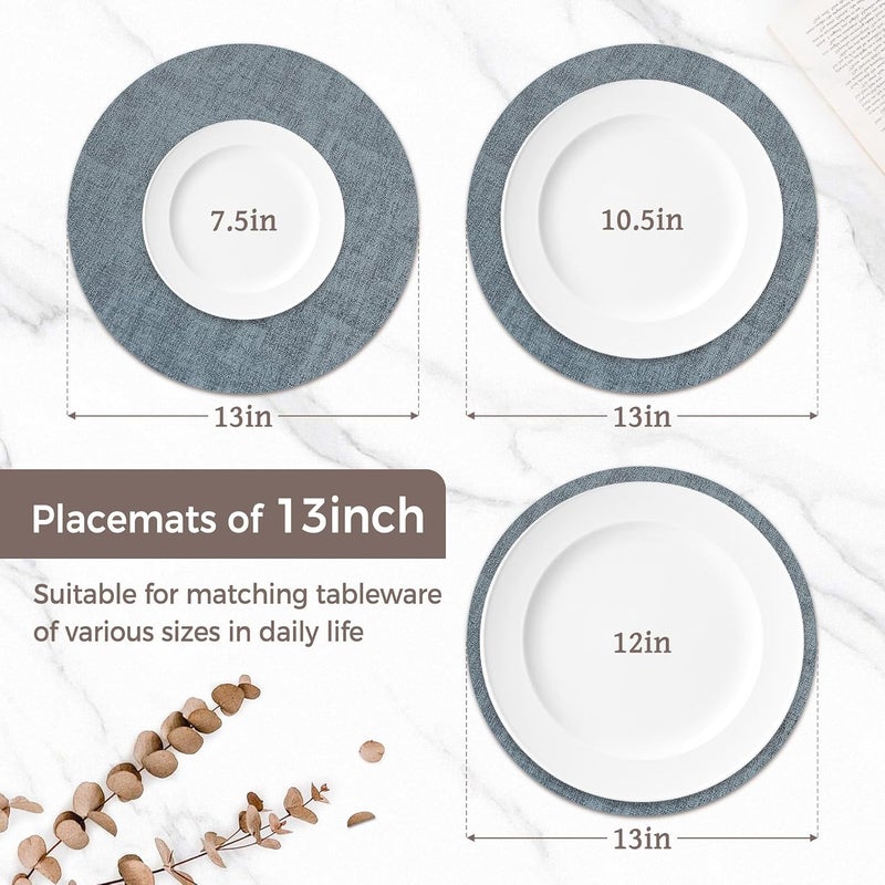 NCUE 13" Round Placemats Set of 4, Reversible Faux Leather Heat Resistant Table Mats, Waterproof Oilproof Wipeable Table Protective Placemats for Vinyl, Washable for Indoor & Outdoor Use (4, Light Blue) - Image 2