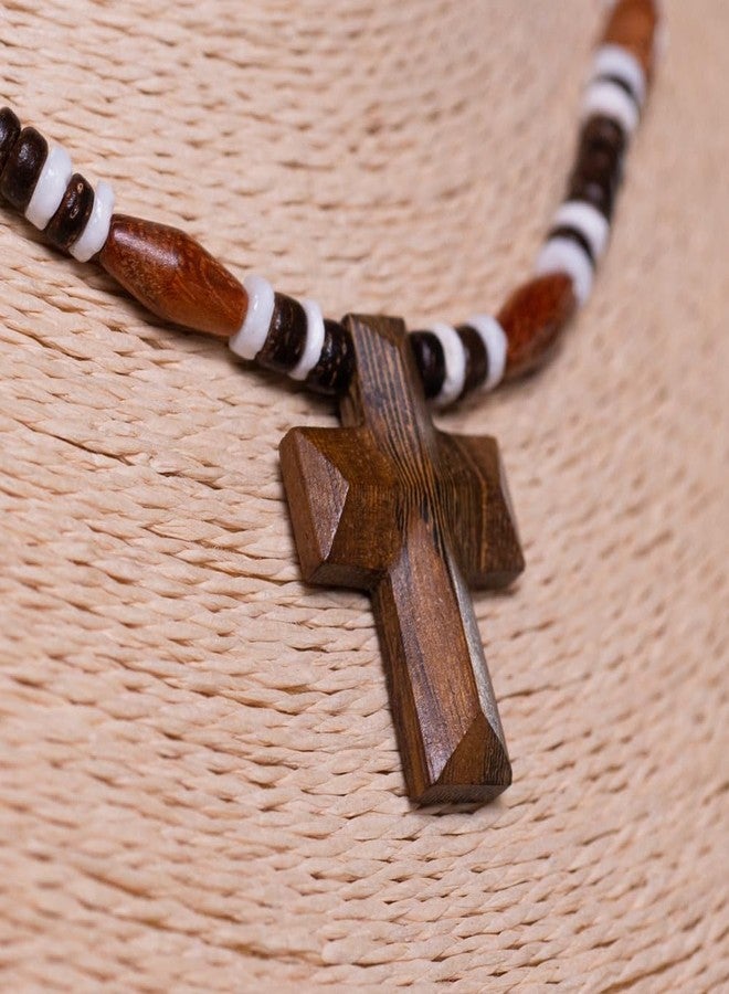 BlueRica Hand Carved Wood Cross on Brown Coconut & Puka Shell Beads Necklace (18") - Image 4