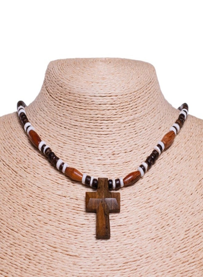 BlueRica Hand Carved Wood Cross on Brown Coconut & Puka Shell Beads Necklace (18") - Image 3