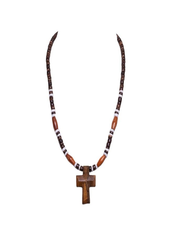 BlueRica Hand Carved Wood Cross on Brown Coconut & Puka Shell Beads Necklace (18") - Image 2