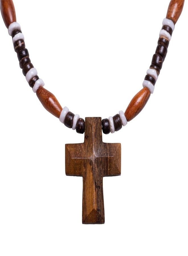 BlueRica Hand Carved Wood Cross on Brown Coconut & Puka Shell Beads Necklace (18") - Image 1
