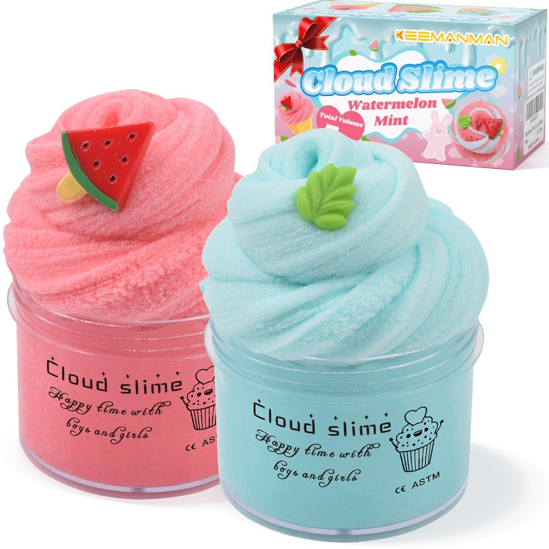 Keemanman 2 Pack Cloud Slime Kit with Red Watermelon and Mint Charms, Scented DIY Slime Supplies for Girls and Boys, Stress Relief Toy for Kids Education, Party Favor, Gift and Birthday - Image 1