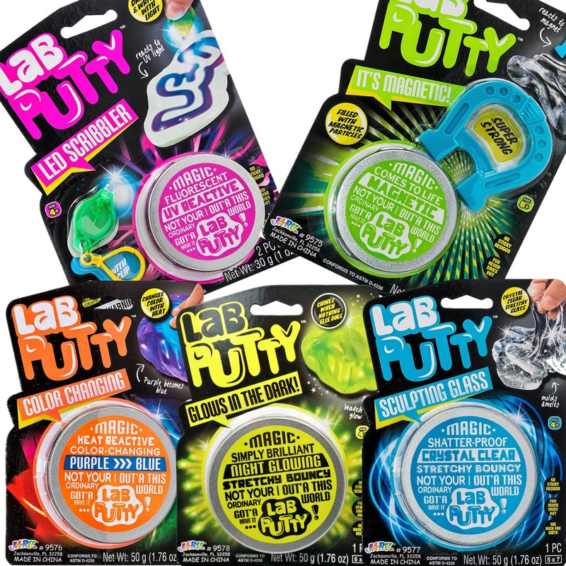 Ja-Ru JA-RU Lab Putty Assorted  Its Magnetic  Heat Sensitive  Crystal Clear  UV Sensitive  Glow in The Dark (5 Pack) Crazy Stress Putty Sensory. Includes Sticker 9578  9574  9575  9576  9577s - Image 1