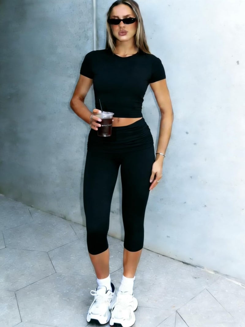 ZFLM casual sports women's two-piece set with short sleeves exposed navel high waistfoldable cropped pants sports suit - Image 5